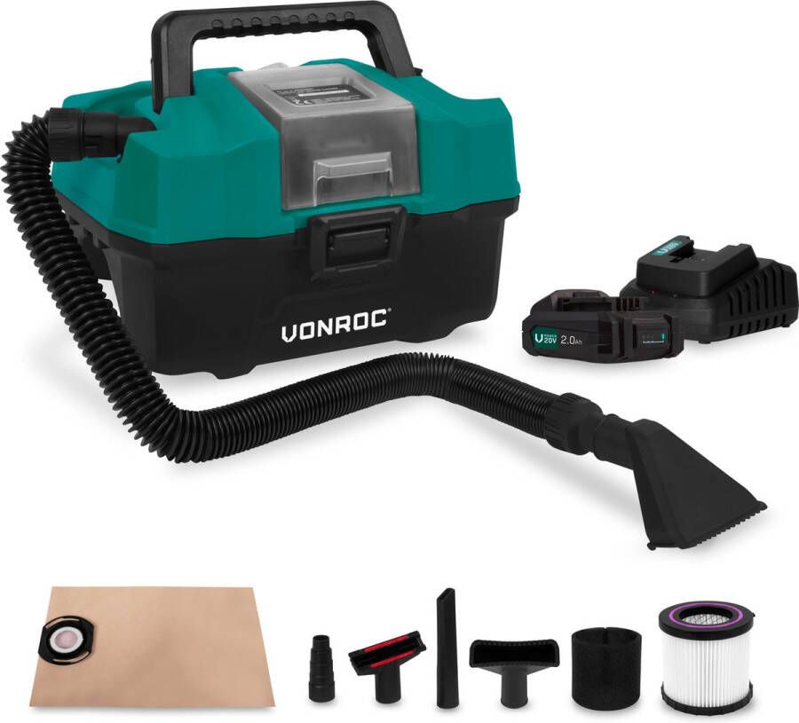 VONROC TOOLS VONROC Compacte alleszuiger stofzuiger 20V Incl. accessoires 2x 2.0Ah accu en snellader