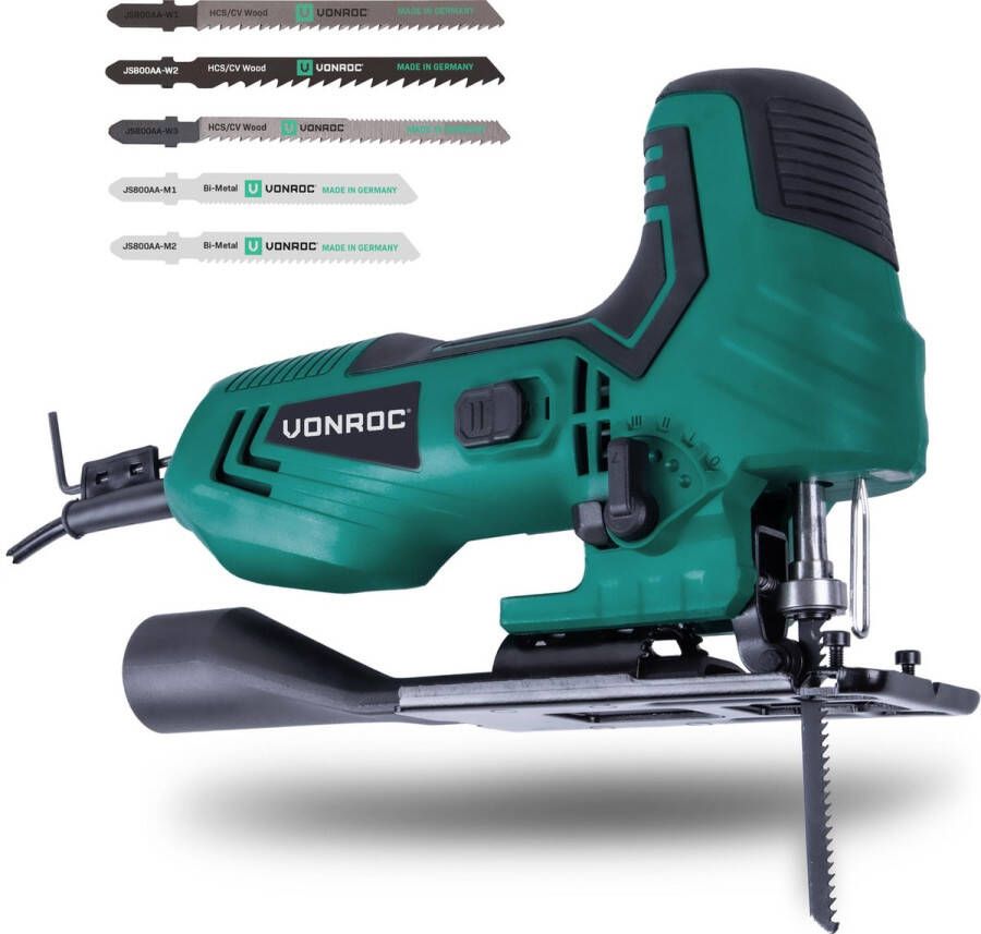 VONROC TOOLS VONROC Decoupeerzaag 550W – Ergonomische T handgreep – 4 pendelstanden – Incl. 5 zaagbladen