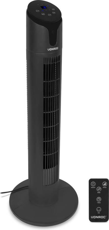 VONROC HOME VONROC Luxe Ventilator Torenventilator – hoogte 86 cm – Incl. afstandsbediening 3 snelheden – zwenkfunctie 15 uurs timer zwart