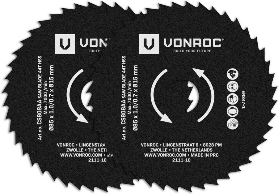 VONROC HSS zaagbladen voor mini cirkel- en invalzagen – 85x15mm – 44 tanden 2 stuks cirkelzaagbladen – Voor hout laminaat en non-ferro metalen
