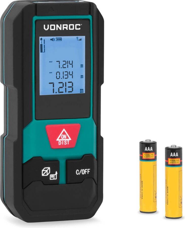 VONROC Laser Afstandsmeter – 20 meter bereik – Zeer compact formaat – meet afstand oppervlakte volume Pythagorisch – aanpasbare meetreferentie – Inclusief batterijen