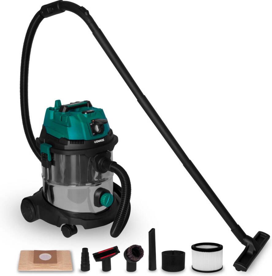 VONROC TOOLS VONROC Nat- en droogzuiger Stofzuiger 1400W – Inschakelautomaat Blaasfunctie – 20L RVS tank – 3m slang 6m stroomkabel