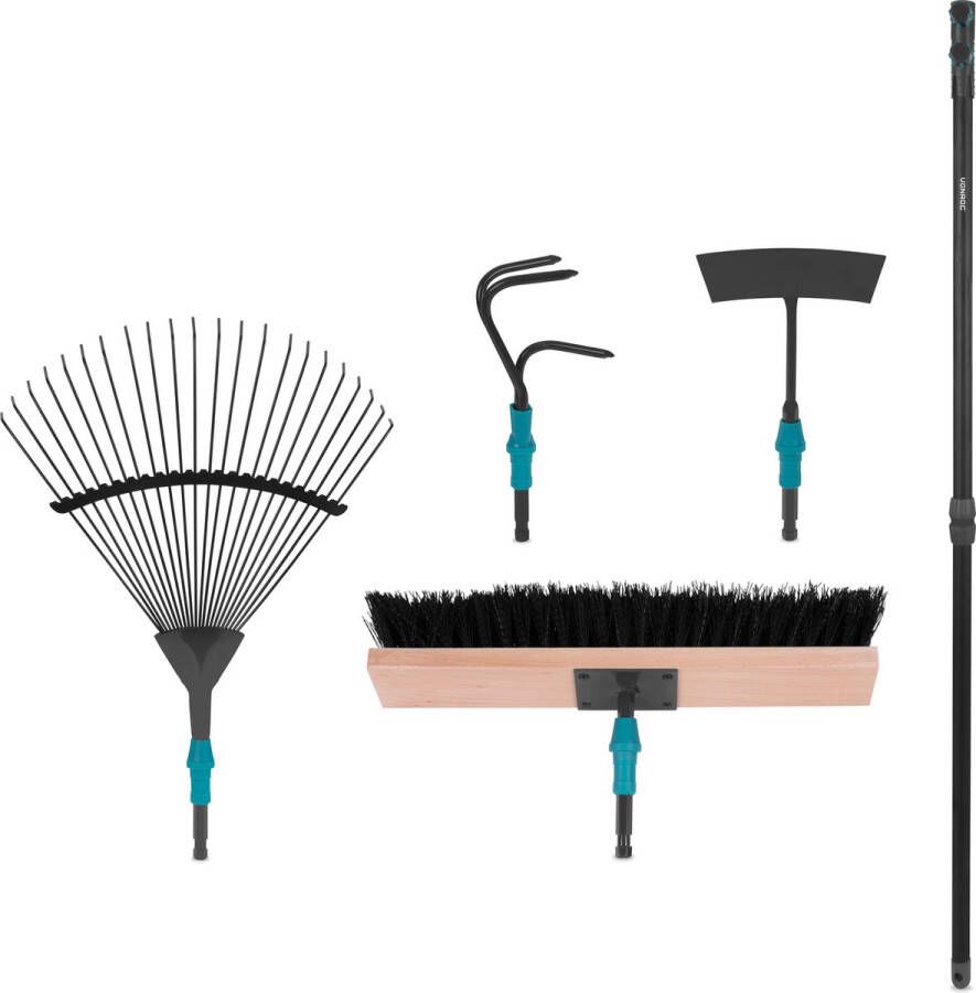 VONROC GARDEN VONROC Premium tuingereedschap set 4-in-1 V-Fix systeem met bladhark bezem schoffel en cultivator – gepoedercoat staal