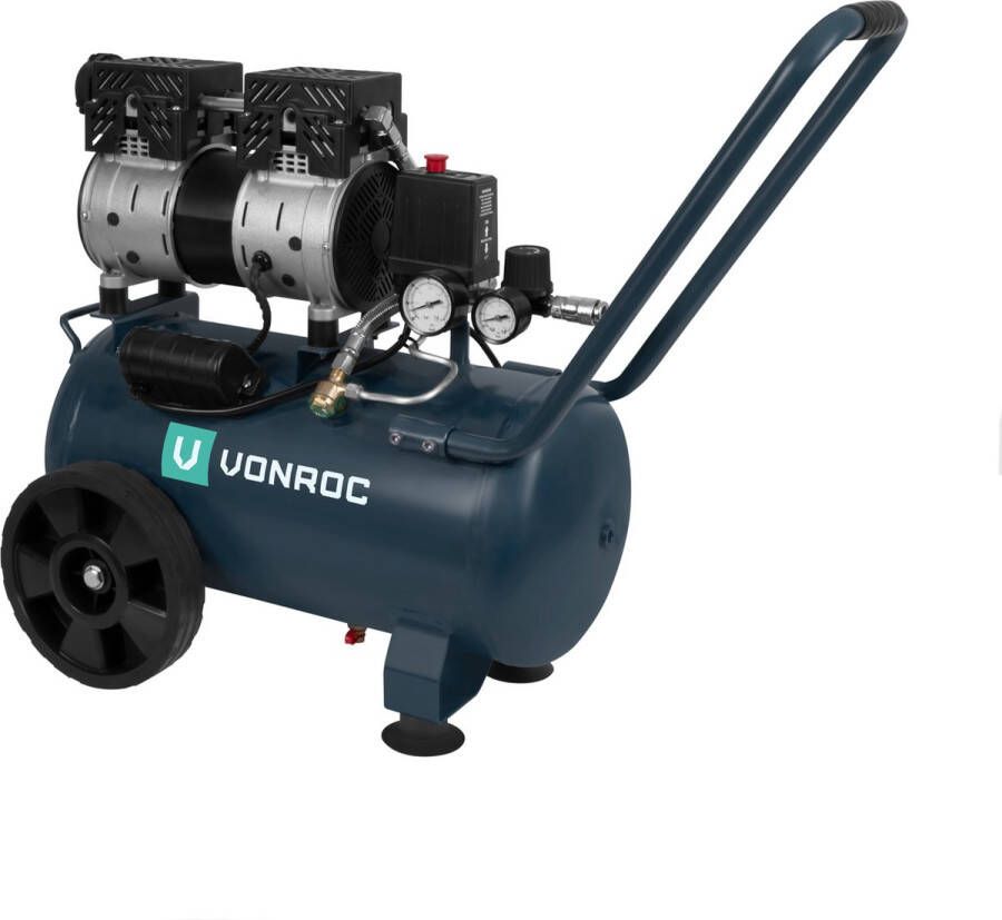 VONROC TOOLS VONROC PRO Stille Compressor Olievrij 750W 1PK 128 l min – 24 Liter – 8 Bar – 57 5dB(A) – Silent – Low noise Antraciet