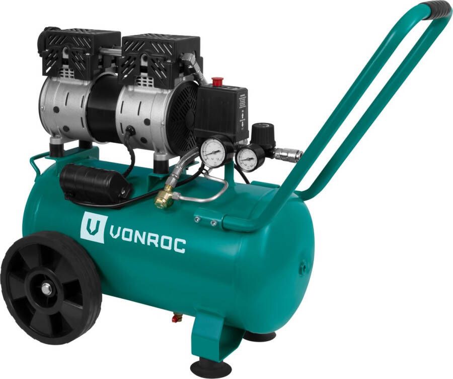 VONROC TOOLS VONROC PRO Stille Compressor Olievrij 750W 1PK 128 l min – 24 Liter – 8 Bar – 57 5dB(A) – Silent – Low noise Groen