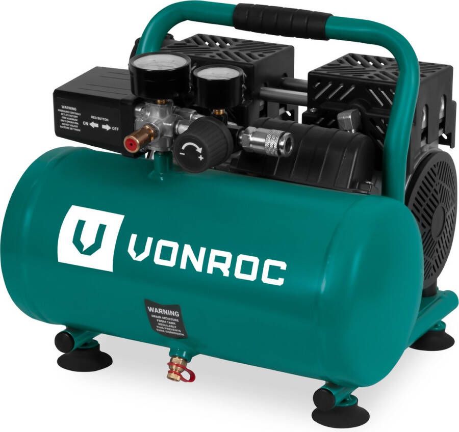 VONROC TOOLS VONROC PRO Stille Compressor Olievrij 750W 1PK 128 l min. – 6 Liter – 8 Bar – 57 5dB(A) – Silent – Low noise Groen