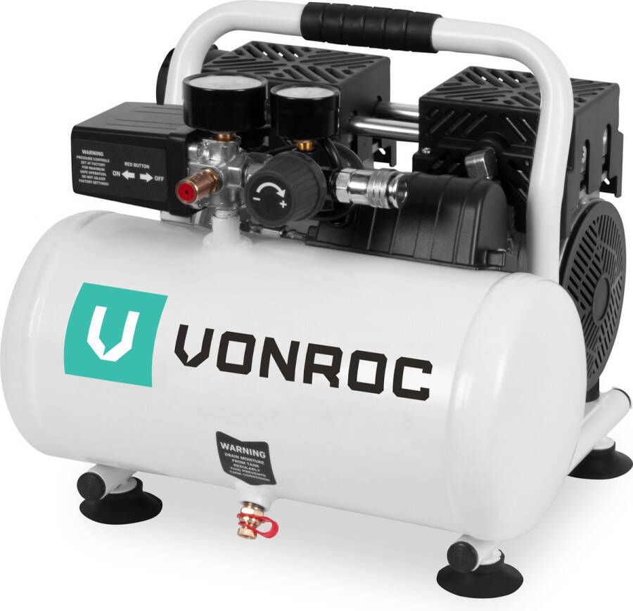 VONROC TOOLS VONROC PRO Stille Compressor Olievrij 750W 1PK 128 l min. – 6 Liter – 8 Bar – 57 5dB(A) – Silent – Low noise Wit