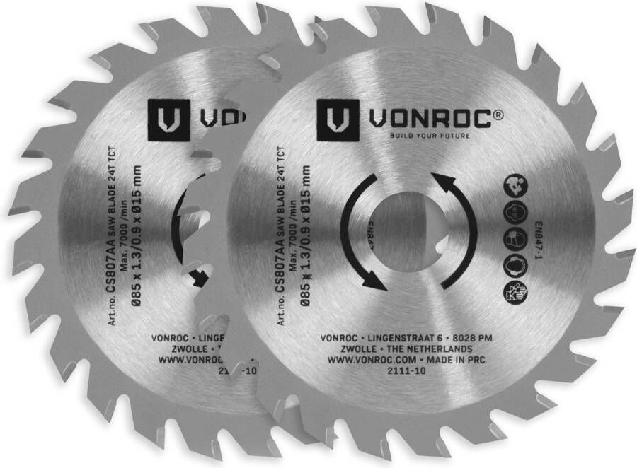 VONROC TCT zaagbladen voor mini cirkel- en invalzagen – 85x15mm – 24 tanden 2 stuks cirkelzaagbladen – Voor hout laminaat en kunststof