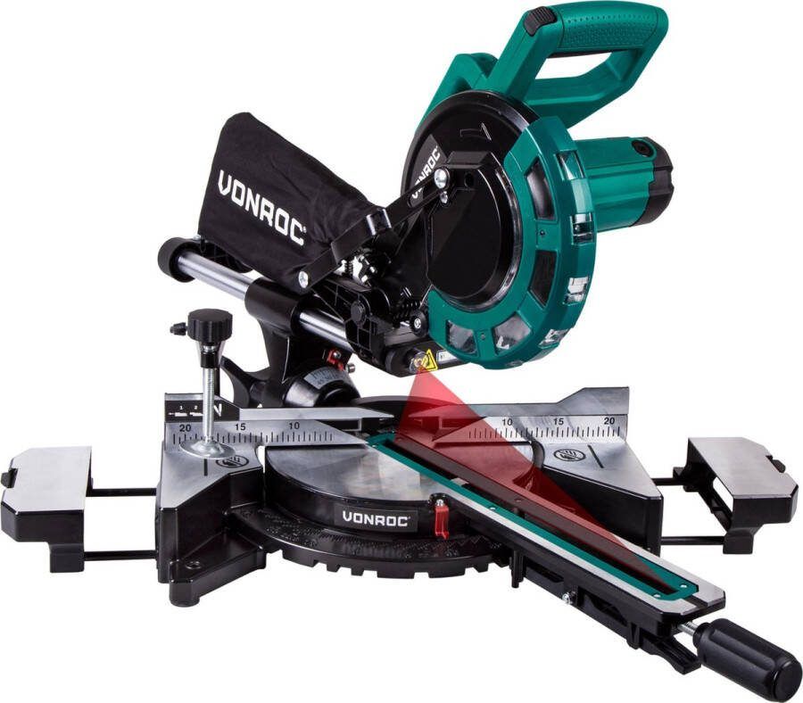 VONROC TOOLS VONROC afkortzaag en verstekzaag met trekfunctie – 2000W – Ø216MM LED verlichting op werkstuk – Laser voor perfecte zaaglijn – Extra zaagbreedte 340mm – Verstelbare tafelverbreders met lengtestop Incl. zaagblad & werkstukklem