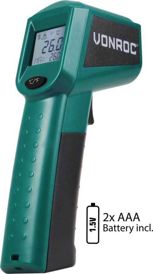 VONROC TOOLS VONROC Digitale infrarood thermometer – Laser – Meetbereik -40°C tot 530°C – Incl. 2 batterijen