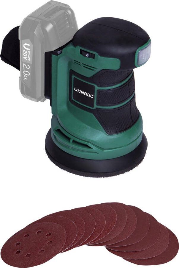 VONROC TOOLS VONROC Excentrische schuurmachine – VPower 20V Zonder accu & lader Ø125mm Met stofzak & 12 stuks schuurpapier