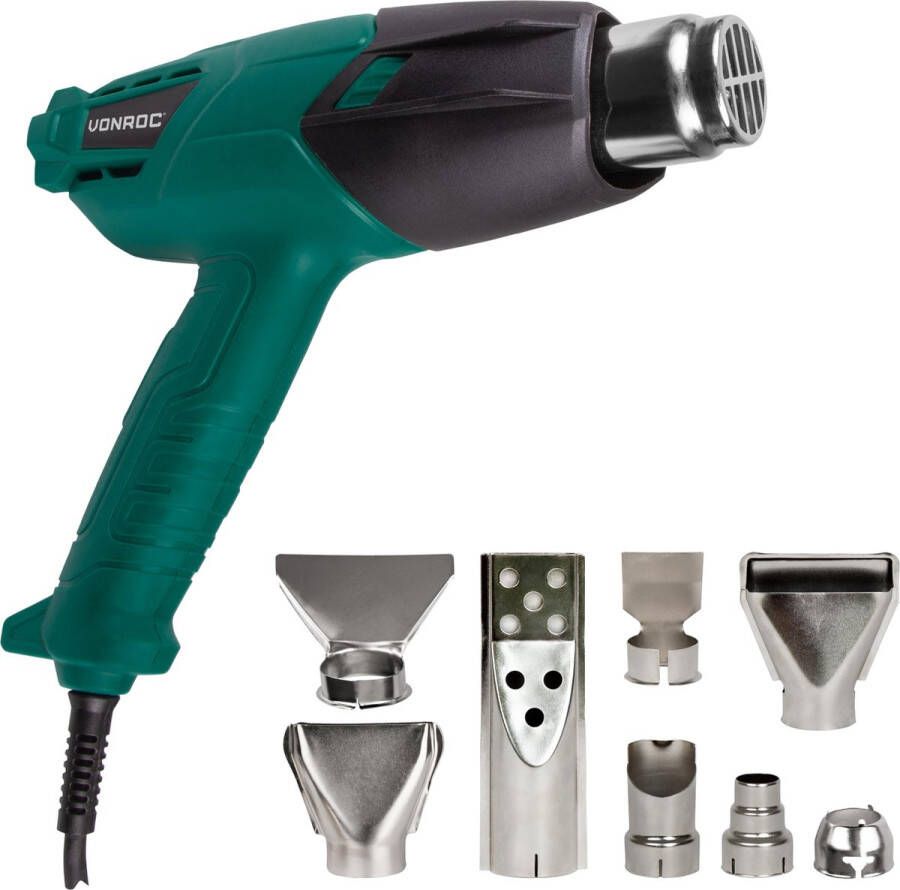 VONROC TOOLS VONROC Heteluchtpistool – Verfafbrander – 2000W – 2 temperatuurstanden – Incl. 8 mondstukken & opbergtas