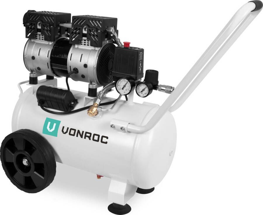 VONROC TOOLS VONROC PRO Stille Compressor Olievrij 750W 1PK 128 l min – 24 Liter – 8 Bar – 57 5dB(A) – Silent – Low noise Groen