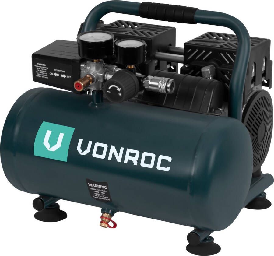 VONROC TOOLS VONROC PRO Stille Compressor Olievrij 750W 1PK 128 l min – 6 Liter – 8 Bar – 57 5dB(A) – Silent – Low noise Antraciet