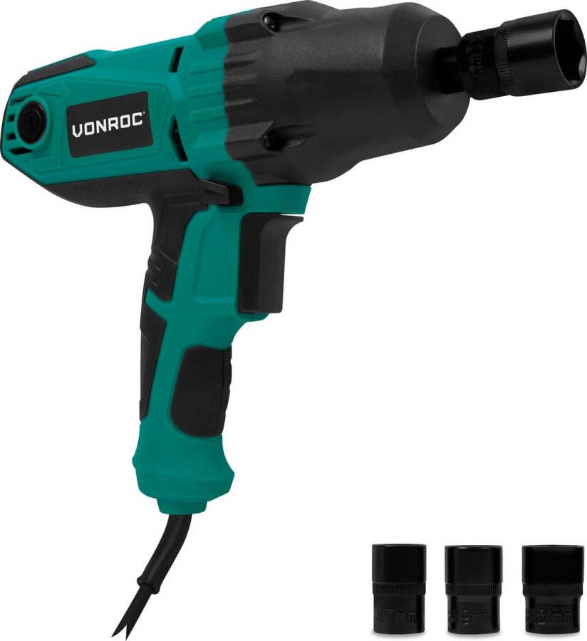 VONROC TOOLS VONROC Slagmoersleutel 450W 350Nm 1 2” opname Incl. 4 moerdoppen 3m kabel Soft Grip – geschikt voor banden verwisselen