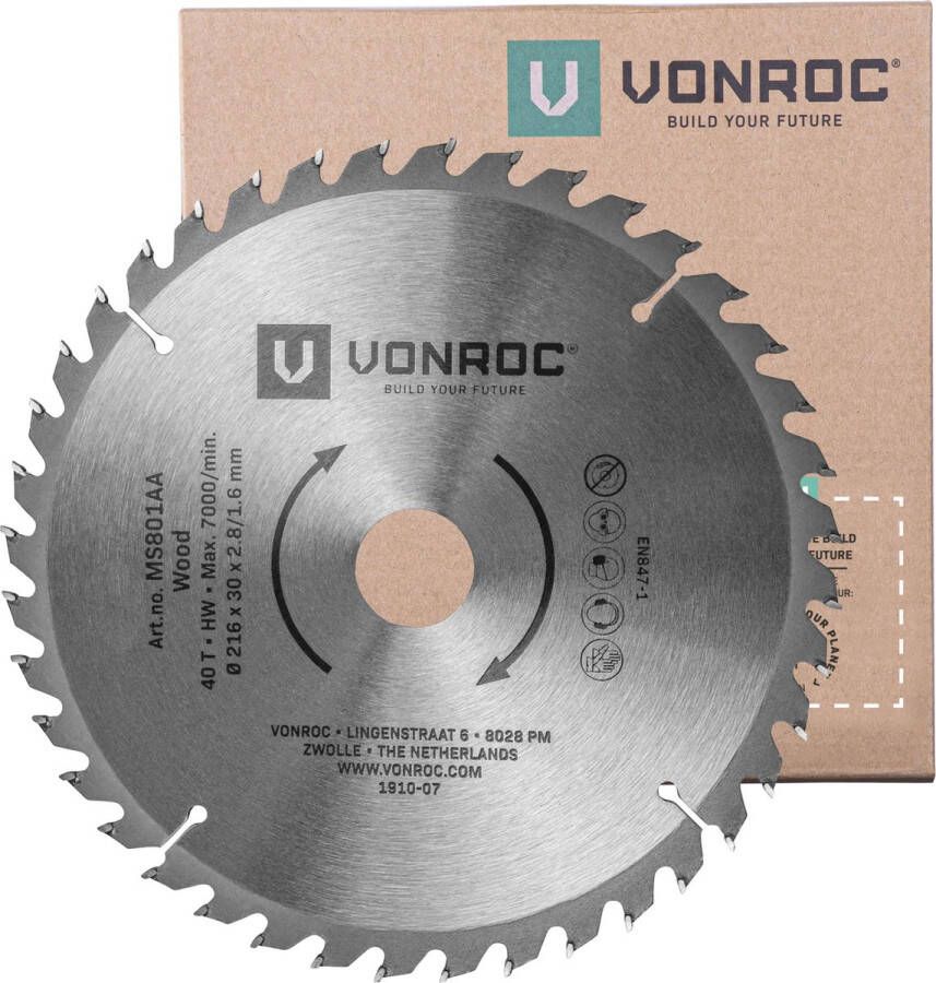 VONROC TOOLS VONROC Zaagblad – Ø216MM – 40 tanden – voor hout – geschikt voor afkortzagen & tafelzagen