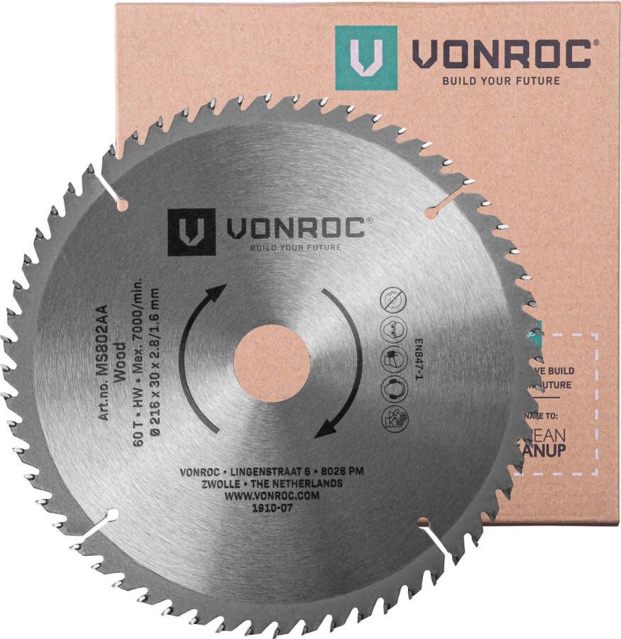 VONROC TOOLS VONROC Zaagblad – Ø216MM – 60 tanden – voor hout – geschikt voor afkortzagen & tafelzagen