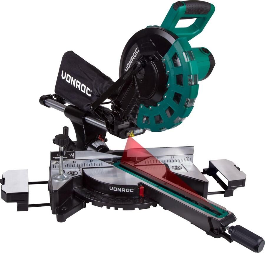 VONROC TOOLS VONROC Afkortzaag- kapzaag verstekzaag – 2200W – Ø254MM – 4500 r min Verstelbare tafelverbreders – Zaagcapaciteit 340mm Trekfunctie – Lengtestop – Kantelbaar (0-45°) Incl. 60 tands zaagblad werkstukklem lasergeleiding & LED werkverlichting