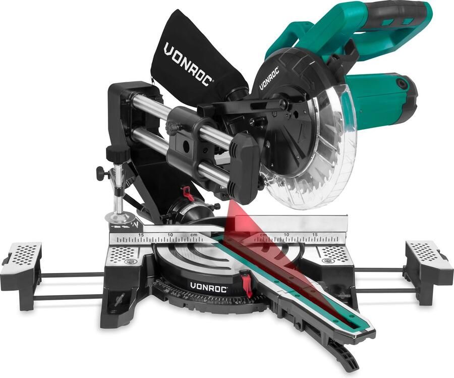VONROC TOOLS VONROC Compacte afkortzaag kapzaag verstekzaag 2200W Ø216mm – 5200 min – Demonteerbare verstekarm Trekfunctie Verstelbare tafelverbreders – Kantelbaar (0-45°) – Lengtestop – Diepteregeling Laser & LED – Incl. zaagblad & werkstukklem