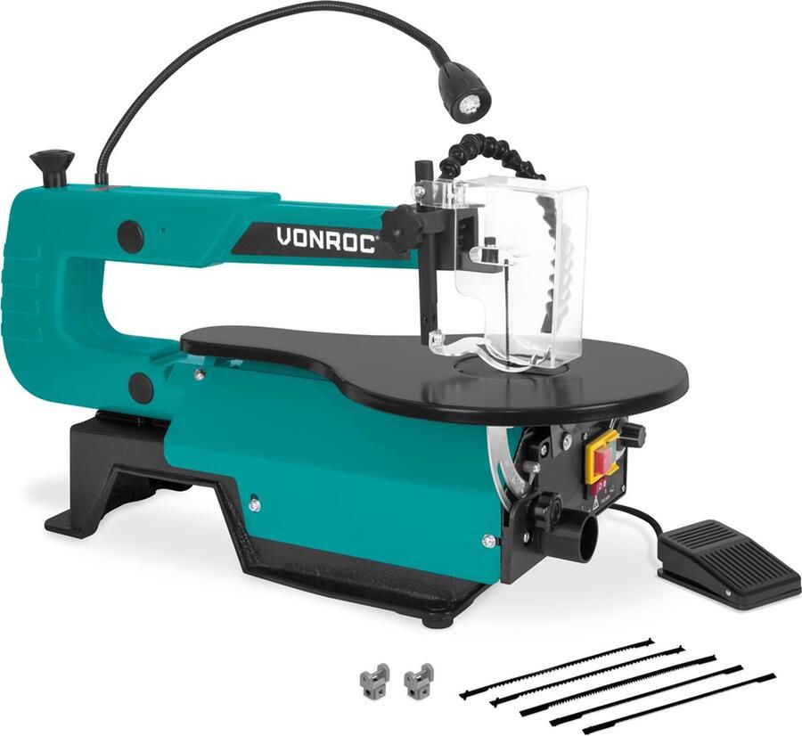 VONROC Figuurzaagmachine 120W – incl. voetpedaal – LED werklamp – Flexibele stofblazer Incl. 6 zaagbladen