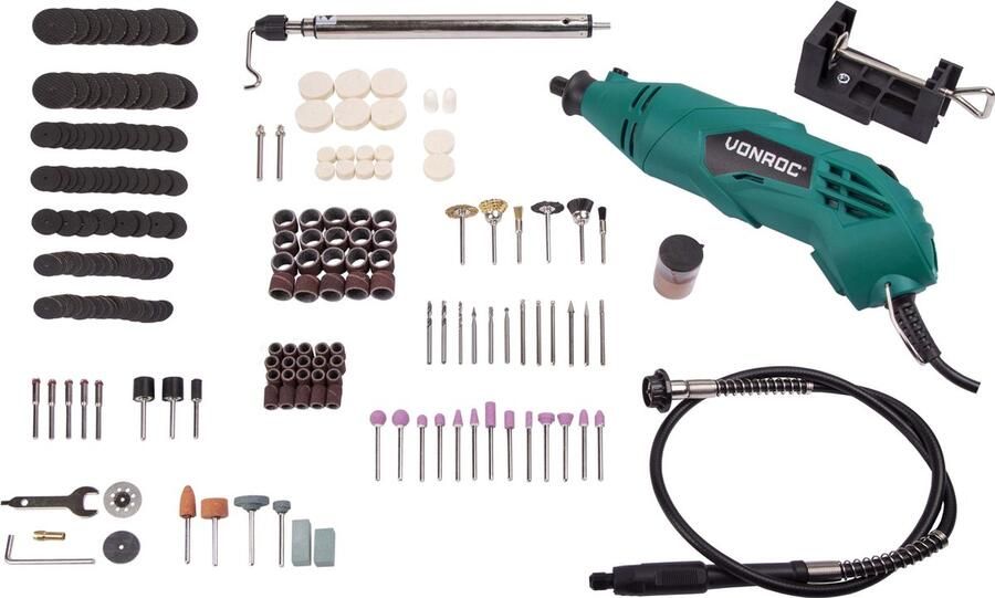 VONROC TOOLS VONROC Multitool – Roterend – 160W – Flexibele as – Incl. 232-delige accessoire set & opbergtas