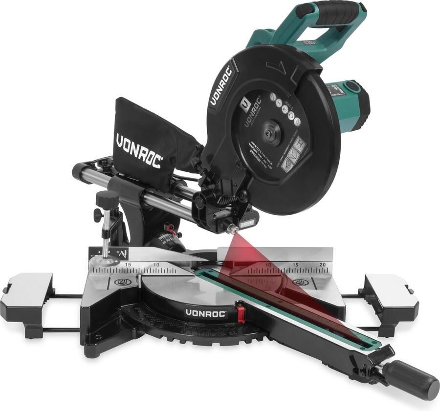 VONROC TOOLS VONROC PRO afkortzaag kapzaag verstekzaag – 2200W Ø255mm – Zaagt hout kunststof en metaal – Instelbare snelheid – Zaagcapaciteit 340mm –Verstelbare tafelverbreders – Trekfunctie – Kantelbaar – Lengtestop Incl. zaagblad laser & LED