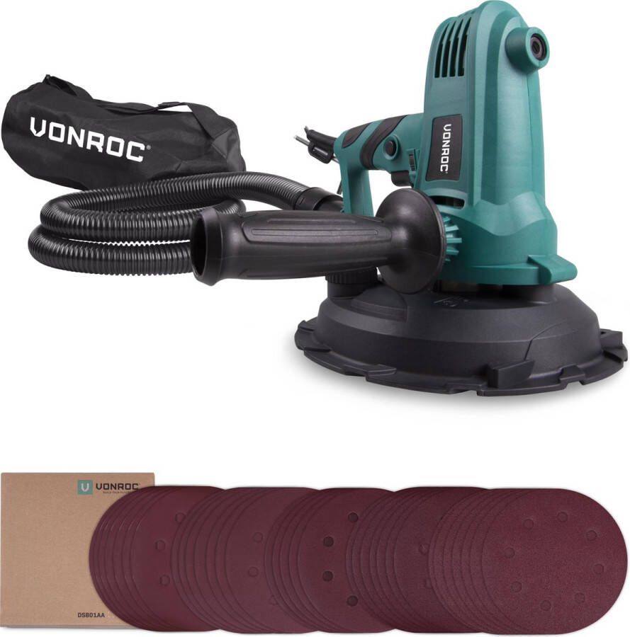 VONROC TOOLS VONROC Wand- plafondschuurmachine – 750W – Ø180MM – Plafond & Muur – Incl. slang stofopvangzak en 33 schuurvellen