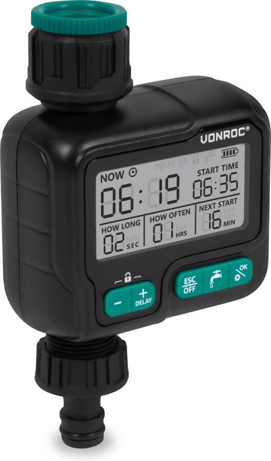 VONROC GARDEN VONROC Watertimer Besproeiingscomputer digitaal automatisch irrigatiesysteem – ruim instelbare interval en duur: 1uur tot 15 dagen 1sec tot 99min – IPX5 waterbestendig