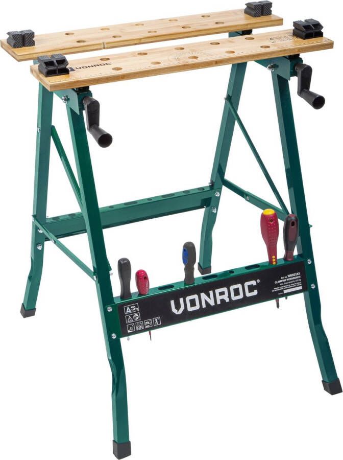 VONROC TOOLS VONROC Werkbank – Voorzien van bamboe werkblad – Opvouwbaar & belastbaar tot 150kg 77 5 cm hoog