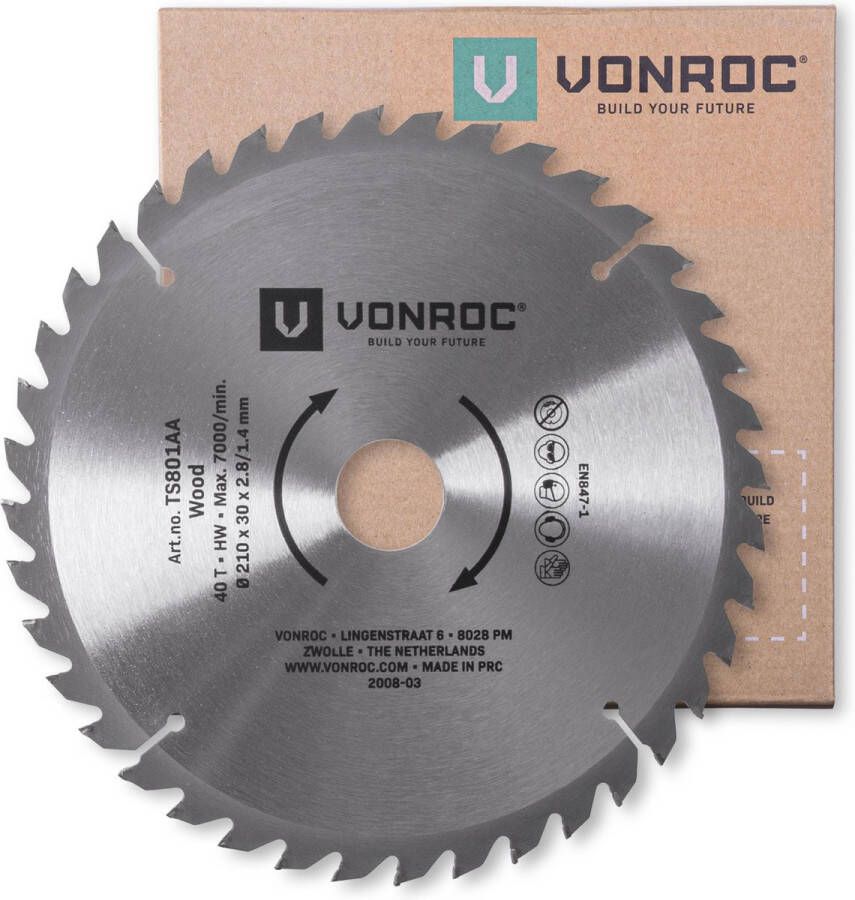 VONROC TOOLS VONROC Zaagblad – 210mm – 40 tanden – voor hout – geschikt voor tafelzagen en afkortzagen