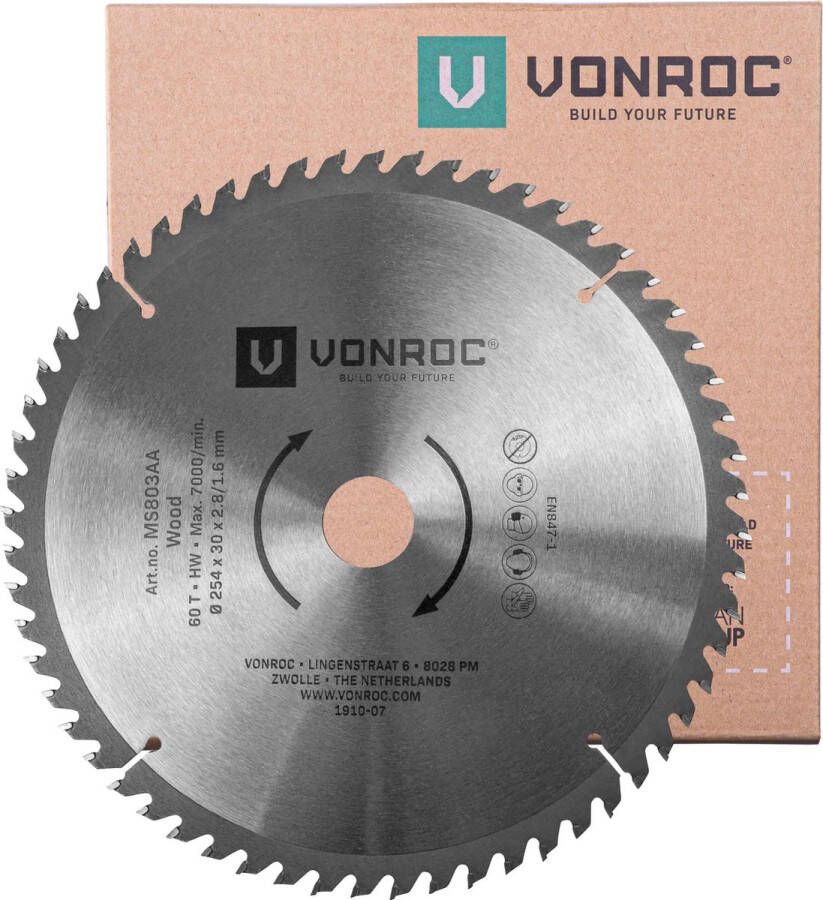 VONROC TOOLS VONROC Zaagblad – Ø254MM – 60 tanden – voor hout – geschikt voor afkortzagen & tafelzagen