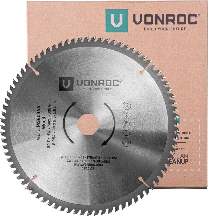 VONROC TOOLS VONROC Zaagblad – Ø254MM – 80 tanden – voor hout – geschikt voor afkortzagen & tafelzagen