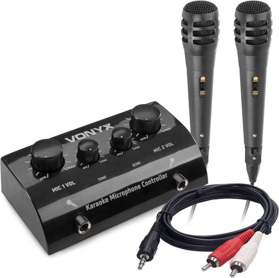 Vonyx Karaoke set AV430B Microfoons mixer en kabel voor telefoon tablet of laptop Maak van je eigen stereo set een karaoke set! Zwart