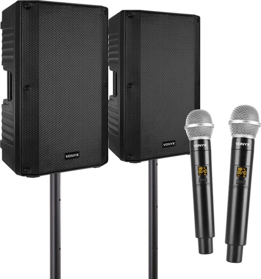 Vonyx Karaoke set voor volwassenen van met 2x draadloze microfoons 2 krachtige speakers inclusief statieven