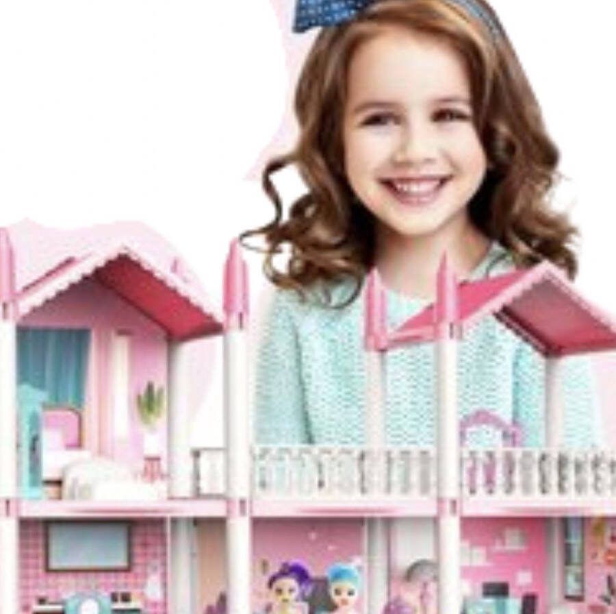 VORLOU 3D DIY Droom Kasteel Villa House Poppenhuis voor meisjes van 4 5 6 7 8 jaar oud met 4 poppen LED-verlichting speelmat speelhuis met 3 verdiepingen en 8 kamers inclusief accessoires gemeubileerde speelhuis speelgoed