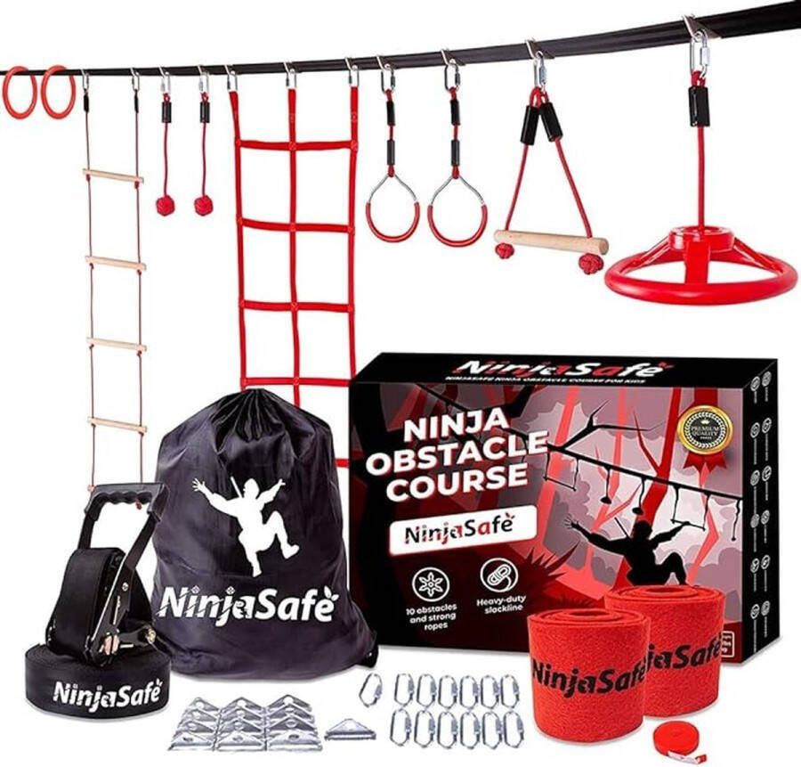 VORLOU Ninja Hindernisbaan voor Kinderen Achtertuin 10 Duurzame Hindernissen 15 Meter Slackline Speeltoestellen voor Buiten voor Meisjes & Jongens met Klimnet & Ladder Wiel Gymnastiek voor Krijgers & Apenbars