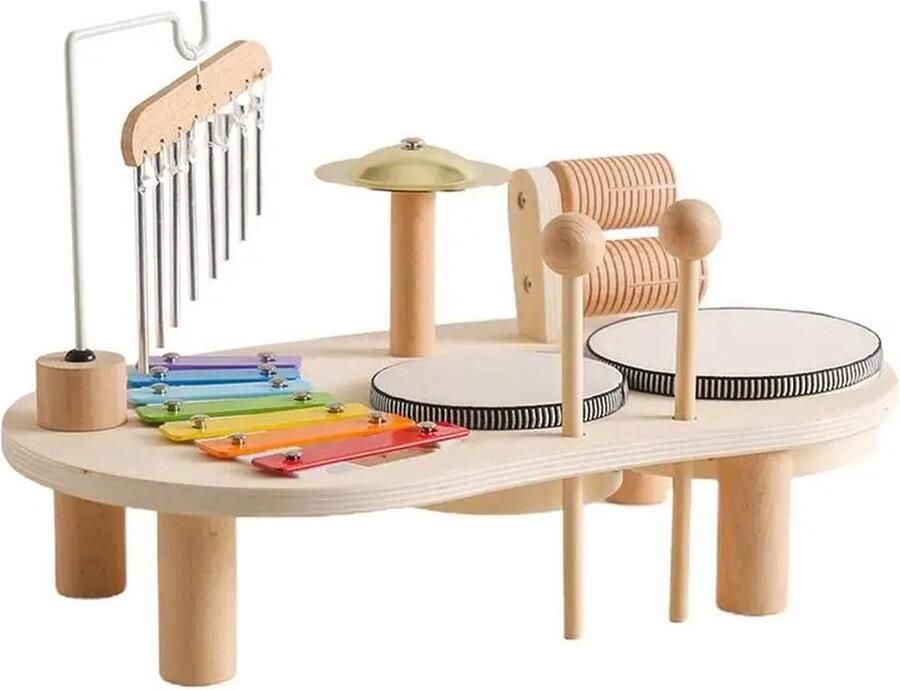 VORLOU Kinder Drumset – Kinderdrumset van Hout muziekinstrumenten kinderspeeltafel houten drumstel voor peuters