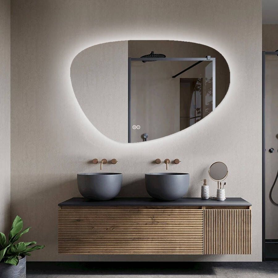 Vtw Living Badkamerspiegel met LED Verlichting Asymmetrisch Organische Badkamerspiegel Asymmetrische Badkamerspiegel Anti Condens Verwarming 60 cm
