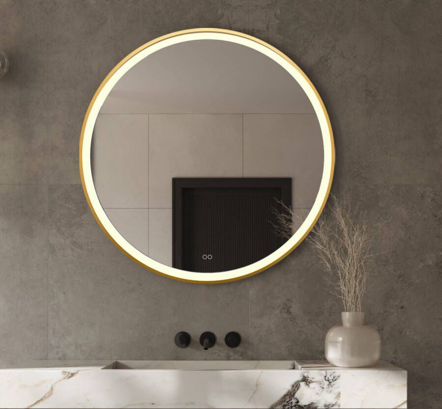 Vtw Living Badkamerspiegel Spiegel met Verlichting Spiegel Rond Led Verlichting Anti Condens Goud 60 cm
