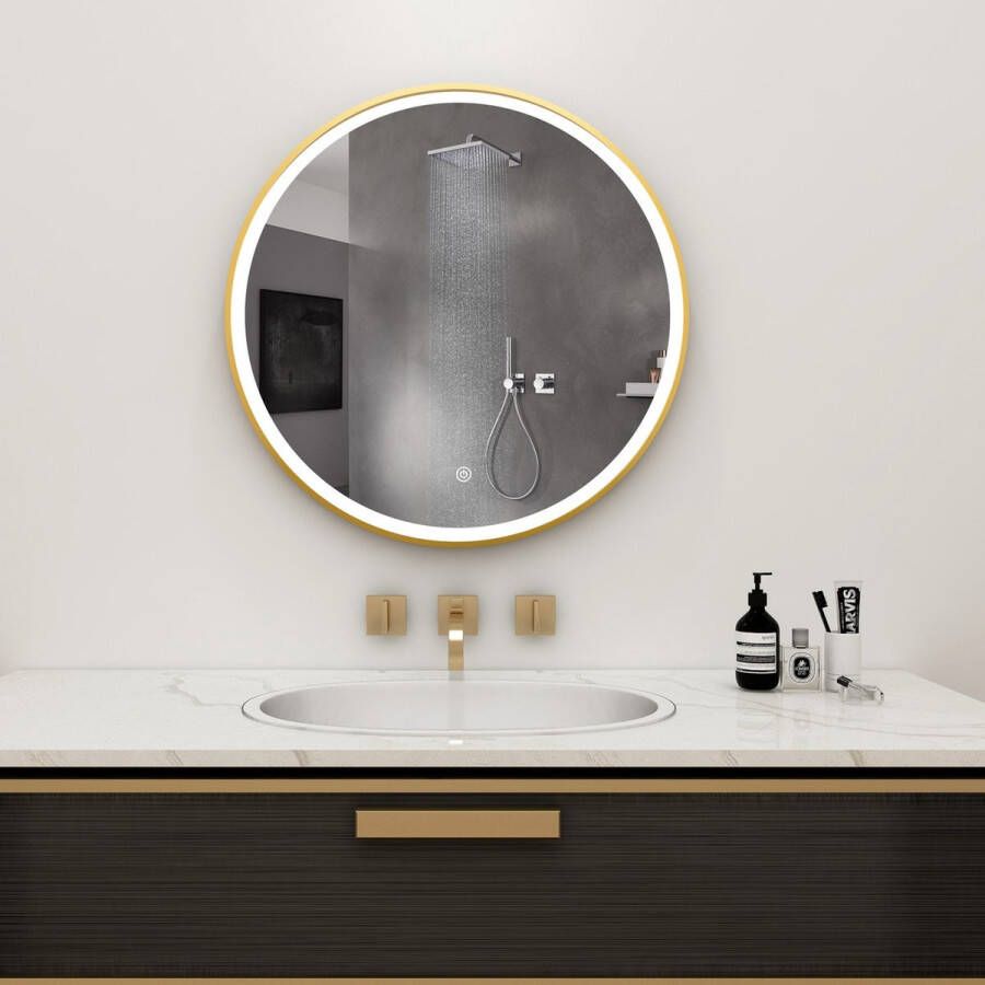 Vtw Living Badkamerspiegel Spiegel met Verlichting Spiegel Rond Led Verlichting Anti Condens Goud 80 cm