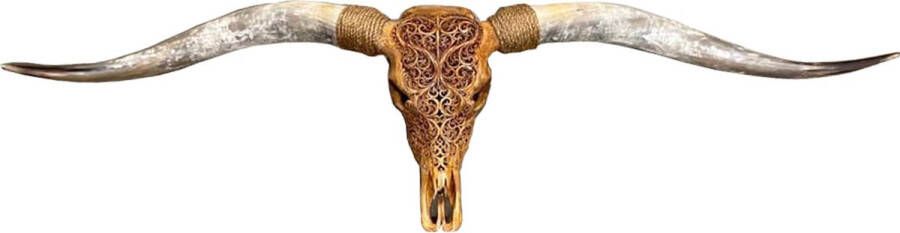 Vtw Living Longhoorn Gegraveerd Bali Dierenhoofd Dierenschedel Skull Gewei Schedel Wanddecoratie 160 cm