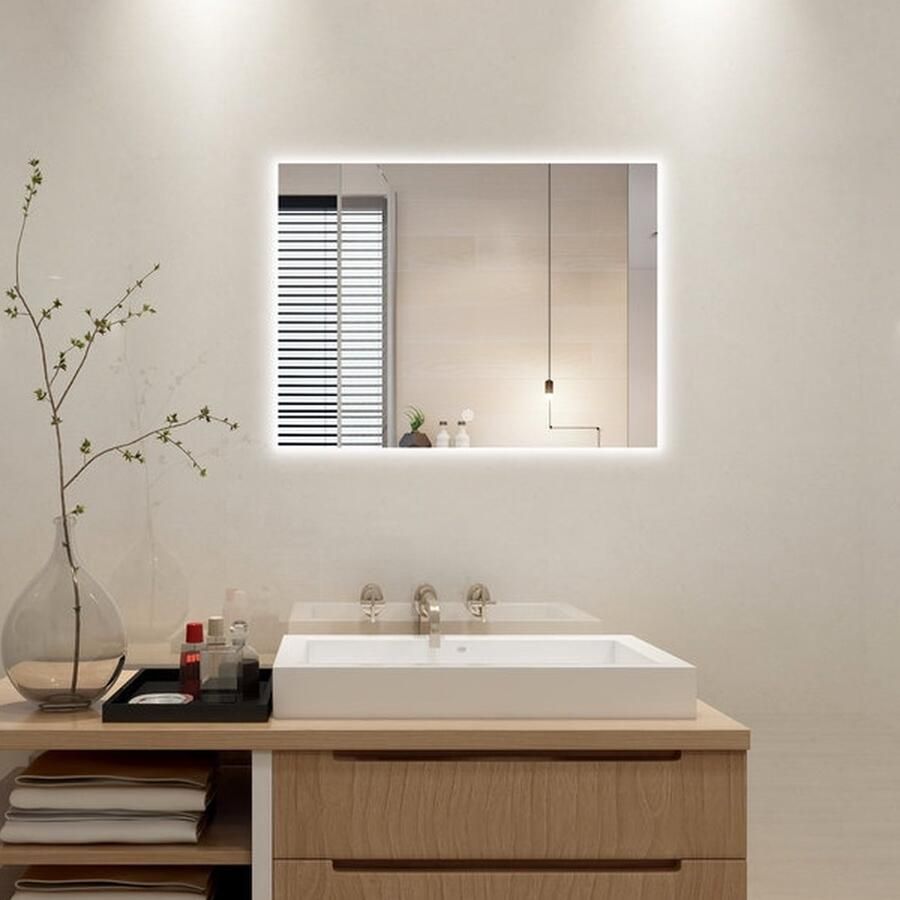 Vtw Living Badkamerspiegel met LED Verlichting Dimbaar Anti Condens Verwarming 3 Licht Standen 60 x 60 cm