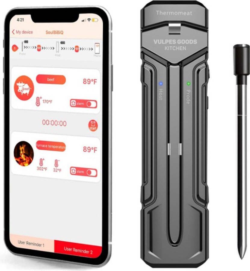 Vulpes goods Kitchen Vleesthermometer Draadloze BBQ Thermometer & Oventhermometer 5-in-1 Kernthermometer 80m bereik 1 Sonde met Bluetooth & gratis APP RVS Waterbestendig ELITE versie