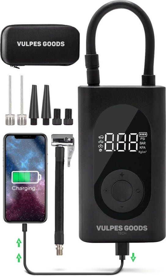 Vulpes goods Tech Compressor Bandenpomp Luchtcompressor Oplaadbaar & Draagbaar Elektrische Draagbare Fietspomp Ballenpomp Fiets tot Auto 7 opzetstukken Zaklamp & Powerbankfunctie Fast Inflator 6400 MAH met E-Book & Reiskoffer- PRO
