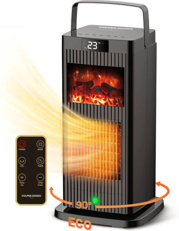 Vulpes goods Tech Elektrische Kachel Elite Elektrische Verwarming voor Binnen Ventilatorkachel Keramische Kachel Heater 4 Standen 1500W Slimme Thermostaat Roterend Vlameffect Afstandsbediening Incl. schoonmaakdoek & E-Book