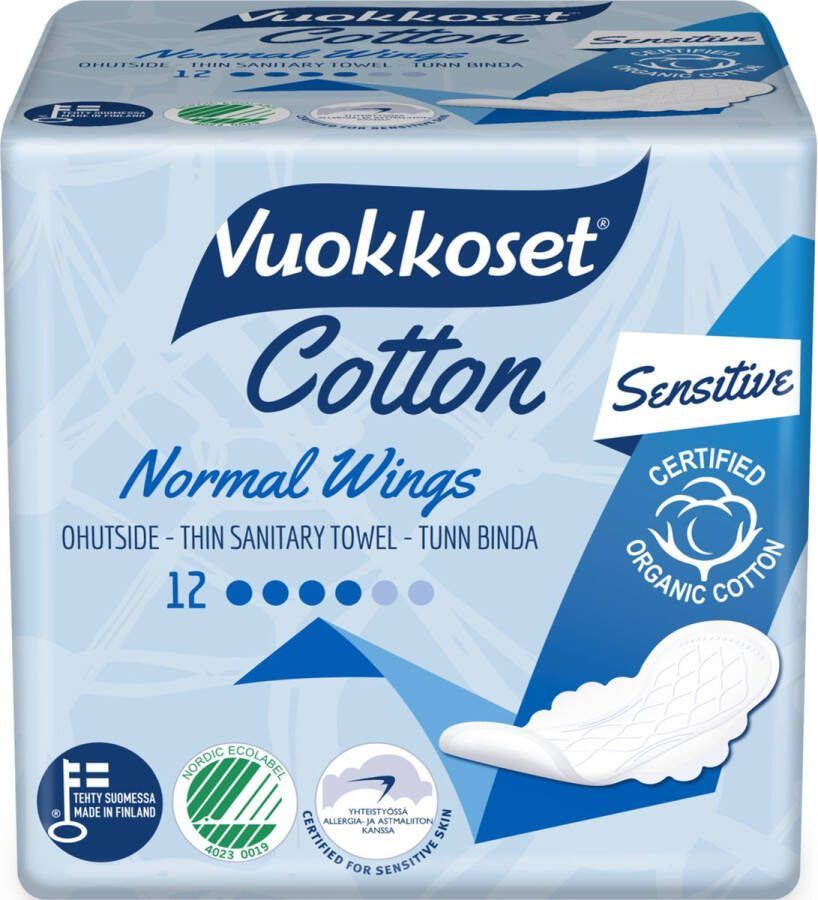 Vuokkoset Organic Cotton Maandverband Normaal 14 stuks Zachte gevoelige huidbescherming Anti-allergeen Milieuvriendelijk