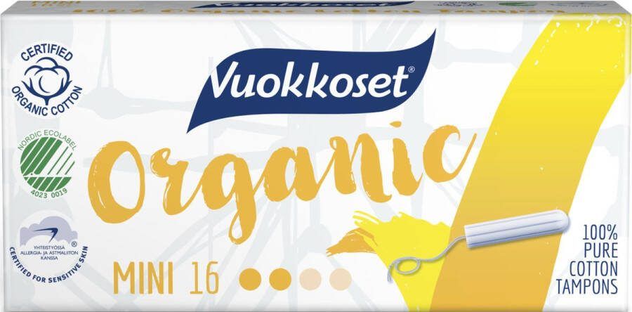 Vuokkoset Organisch Katoen Mini Tampons Mini Gevoelige Huid Nordic Swan Eco Label Astma and Allergy Finland Label