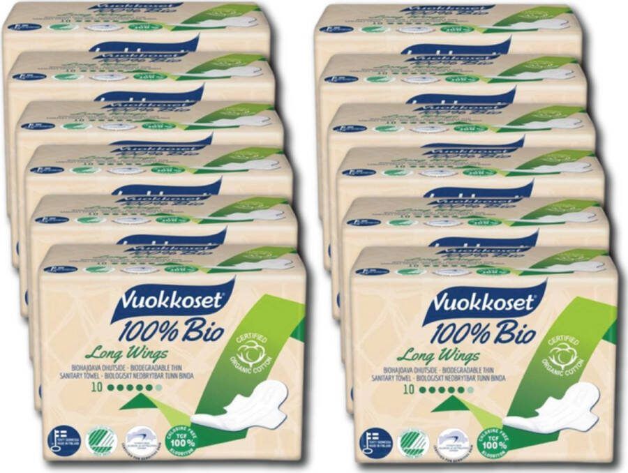 Vuokkoset Voordeelverpakking extra lang maandverband met vleugels 100% biologisch 12x10 stuks