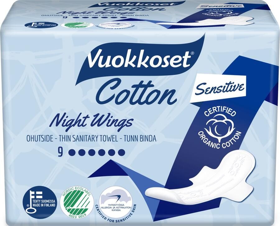 Vuokkoset Organisch Katoenen Maandverband Nacht Vleugels 9st Gevoelige Huid Nordic Swan Allergy Friendly Dermatologisch Getest