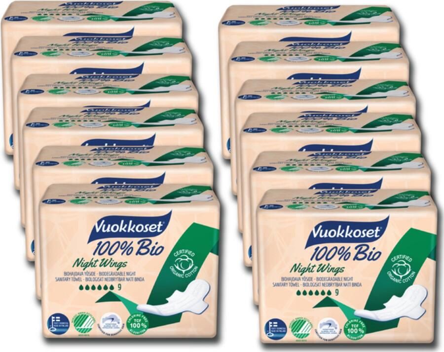 Vuokkoset Voordeelpakket nacht maandverband met vleugels 100 % biologisch 12 x 9 stuks